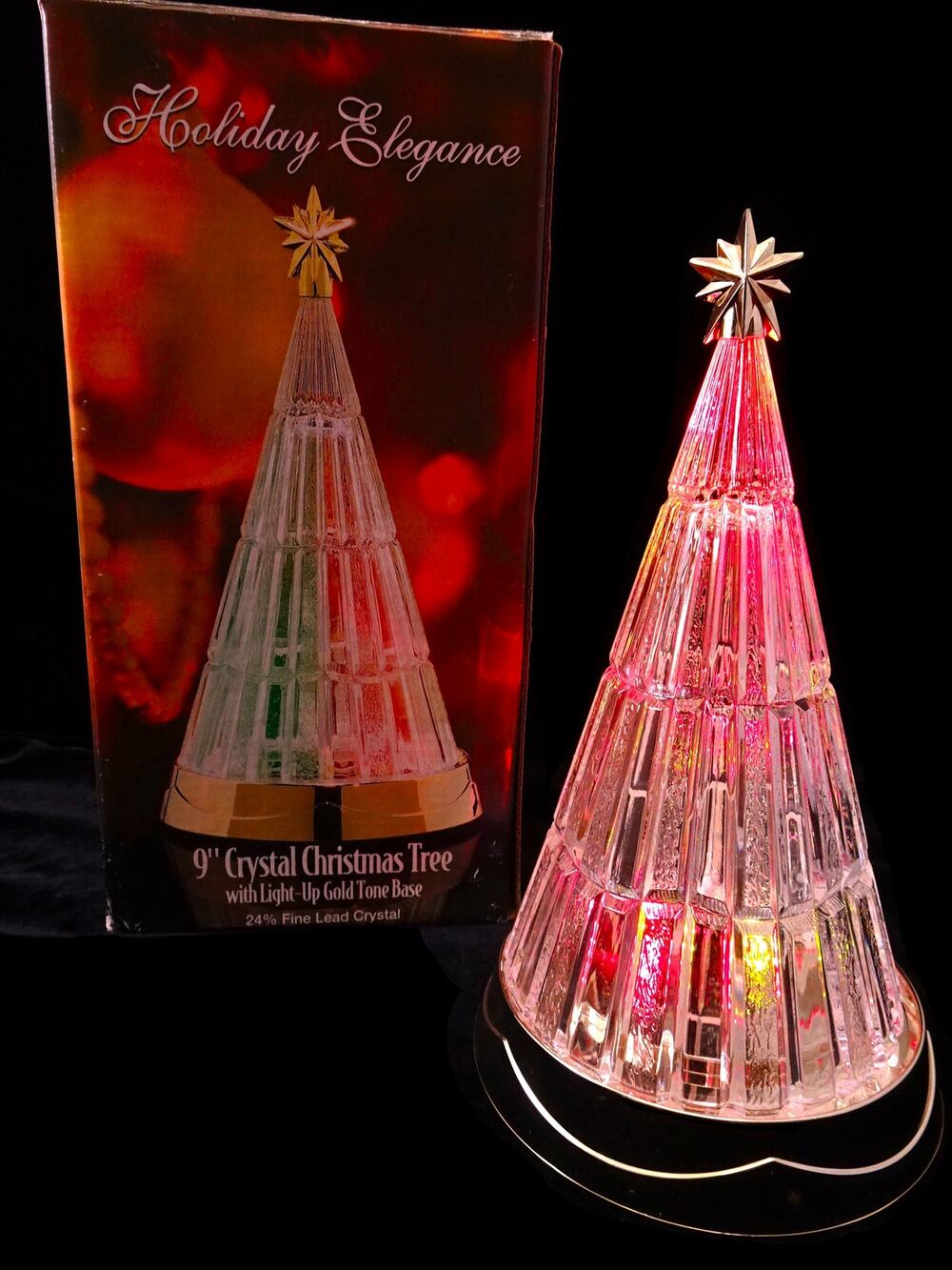 St George Crystal 9" Light Up Christmas Tree 24% Fine Lead Crystal 1990s Vintage